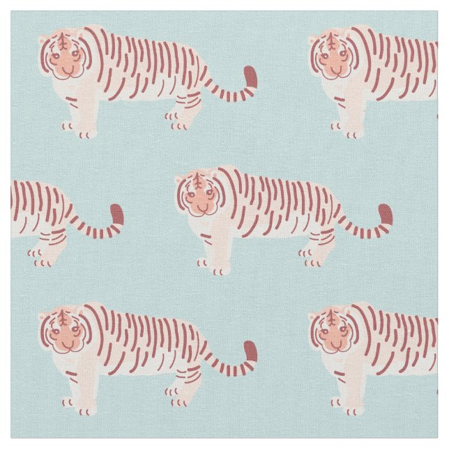 Tiger Mom & Cub Pattern Light Blue Fabric (Close Up)