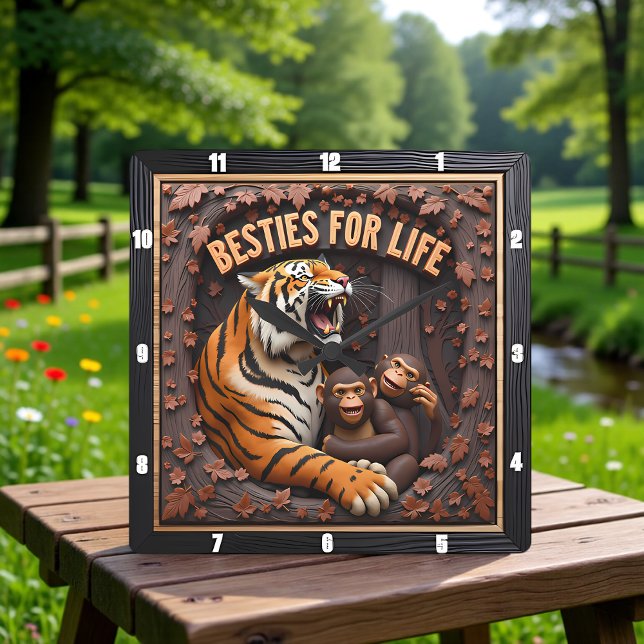 Tiger Monkey Close Friends Square Wall Clock (Creator Uploaded)