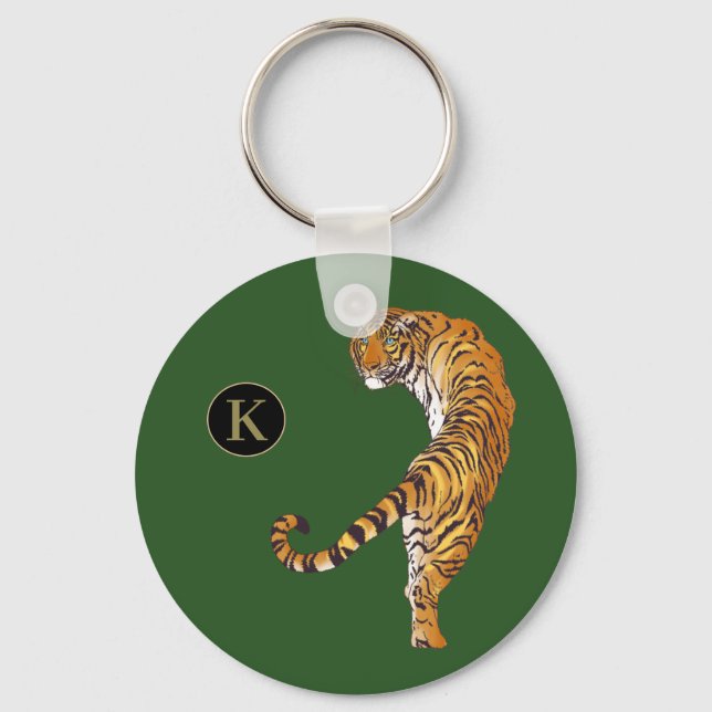 Tiger Monogram Green Background Keychain (Front)