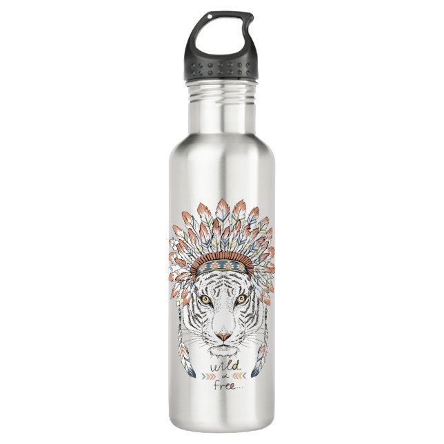 Tiger Native American Indian Chief Stainless Steel Water Bottle (Front)