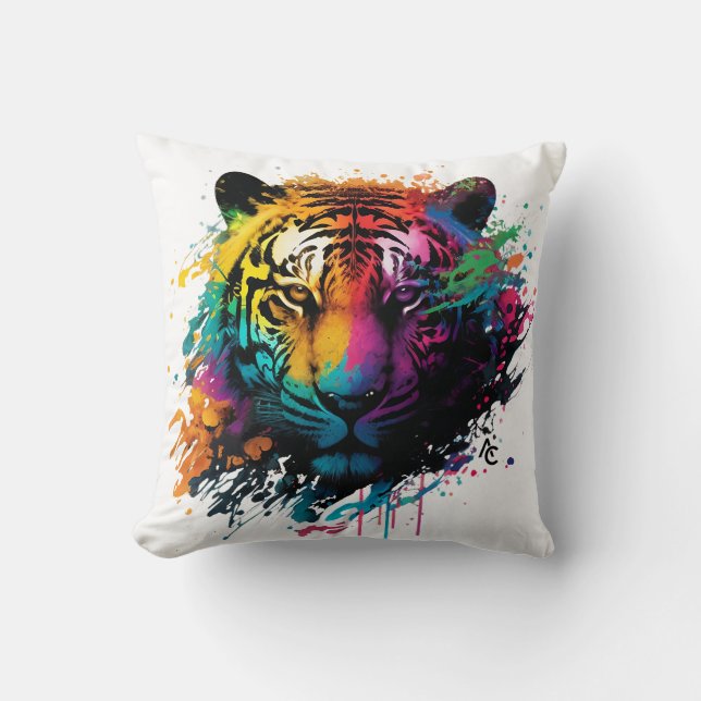Tiger Neon Ink Splash Throw Pillow (Front)