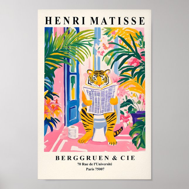 Tiger On A Toilet, Funny Bathroom Wall Art, Pink D Poster (Front)