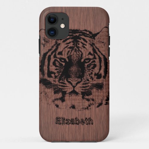 Tiger on Dark Brown Wood iPhone 11 Case