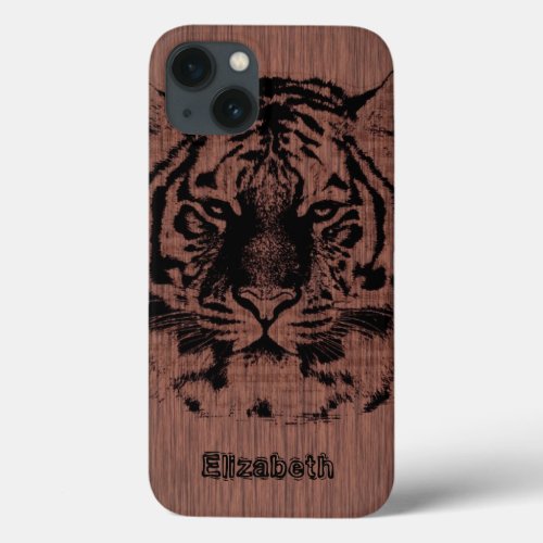 Tiger on Dark Brown Wood iPhone 13 Case