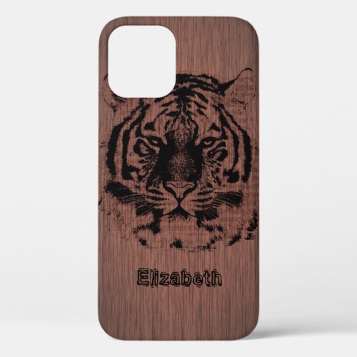 Tiger on Dark Brown Wood iPhone 12 Pro Case