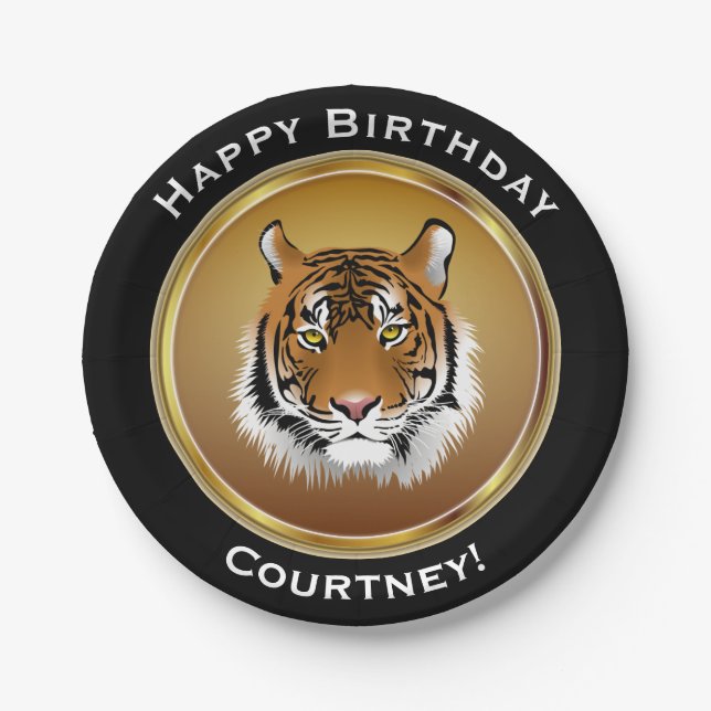 Tiger on Faux Gold Happy Birthday with Name Paper Plates (Front)