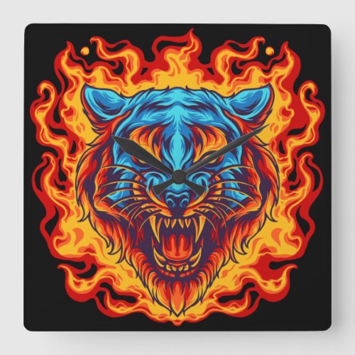 Tiger On Fire Square Wall Clock