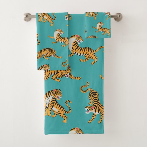 Tiger on Teal Pattern Bath Towel Set