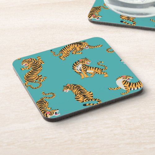 Tiger on Teal Pattern Beverage Coaster