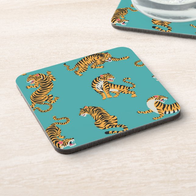 Tiger on Teal Pattern Beverage Coaster (Left Side)