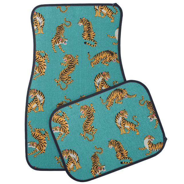 Tiger on Teal Pattern Car Floor Mat (Set)