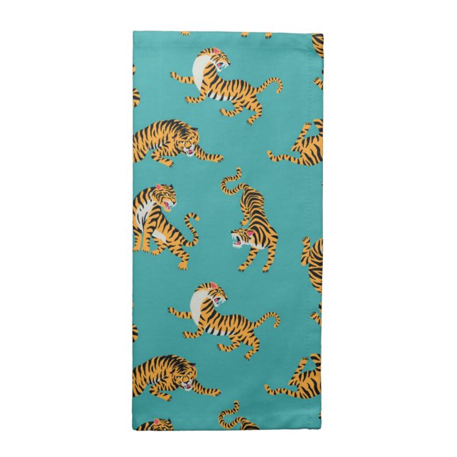 Tiger on Teal Pattern Cloth Napkin (Half Fold)