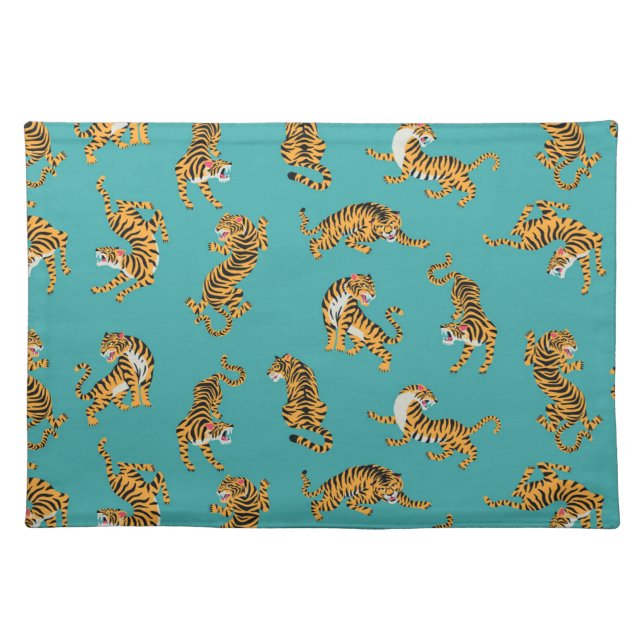 Tiger on Teal Pattern Cloth Placemat (Front)