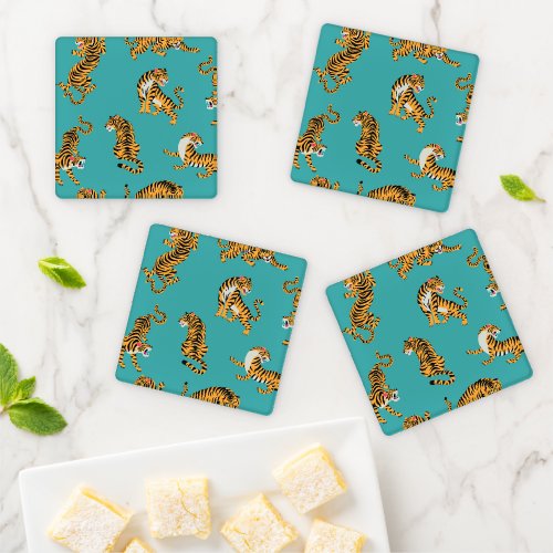 Tiger on Teal Pattern Coaster Set