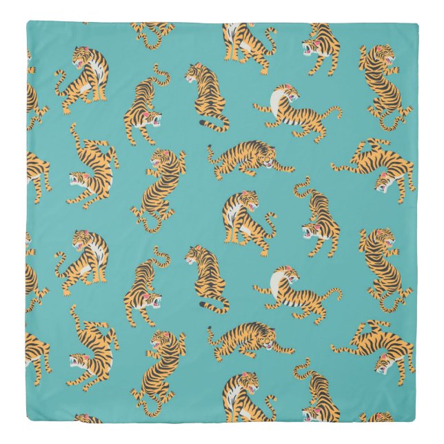 Tiger on Teal Pattern Duvet Cover (Front)