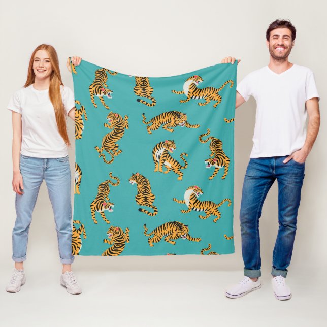 Tiger on Teal Pattern Fleece Blanket (In Situ)