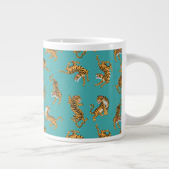 Tiger on Teal Pattern Giant Coffee Mug (Right)