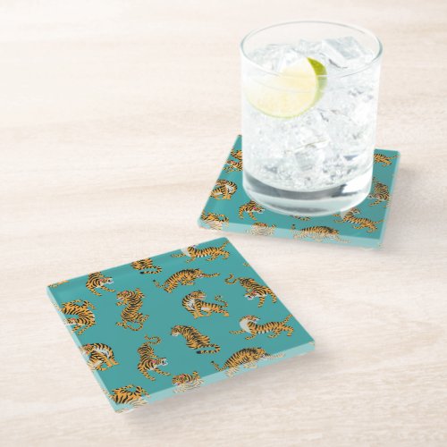 Tiger on Teal Pattern Glass Coaster