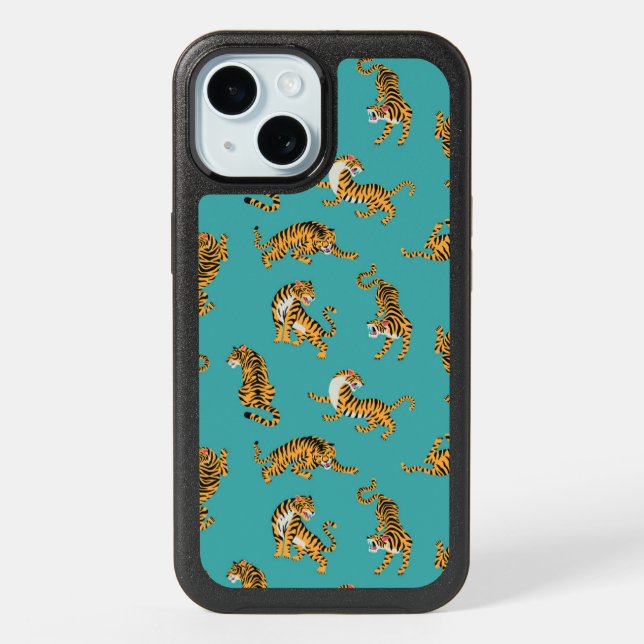 Tiger on Teal Pattern iPhone 15 Case (Back)