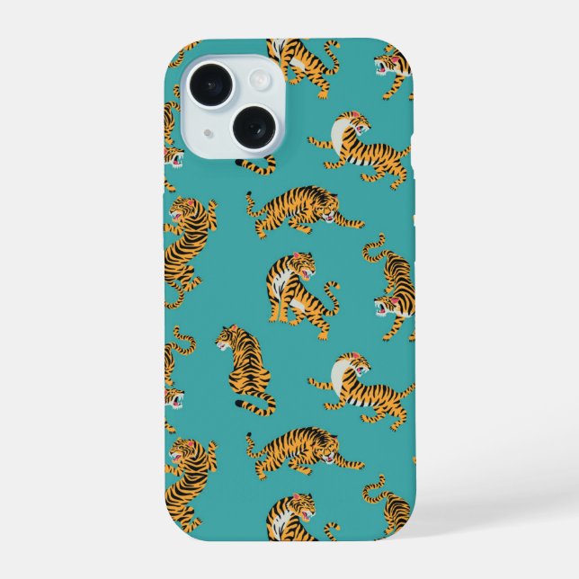 Tiger on Teal Pattern iPhone 15 Case (Back)