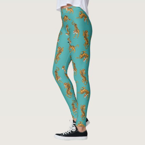 Tiger on Teal Pattern Leggings