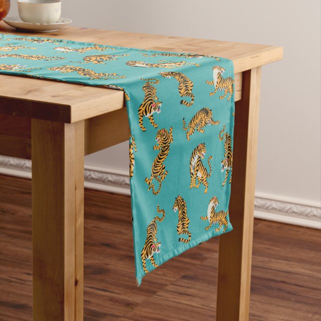 Tiger on Teal Pattern Medium Table Runner (In Situ)