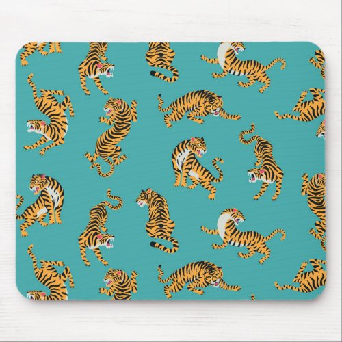 Tiger on Teal Pattern Mouse Pad