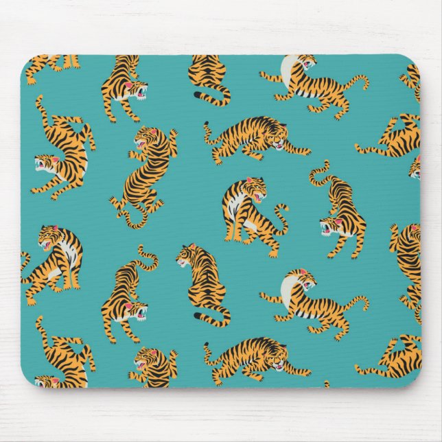 Tiger on Teal Pattern Mouse Pad (Front)