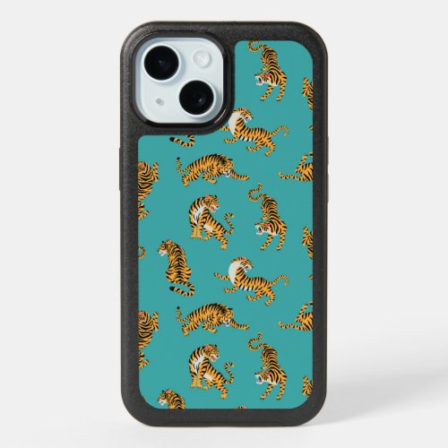 Tiger on Teal Pattern iPhone 15 Case