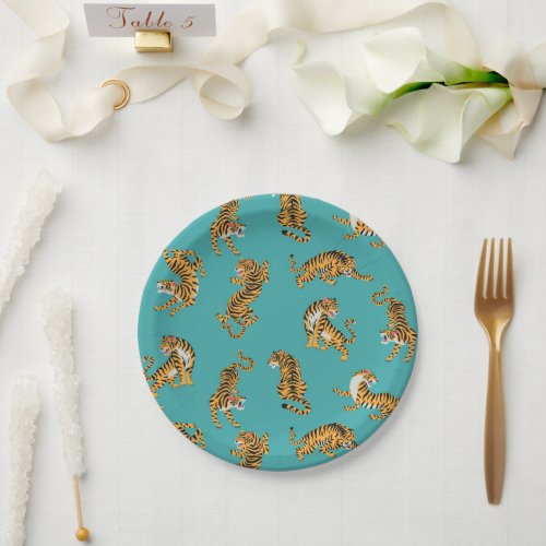 Tiger on Teal Pattern Paper Plates
