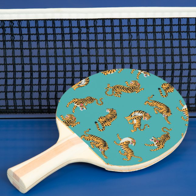 Tiger on Teal Pattern Ping Pong Paddle (Insitu)