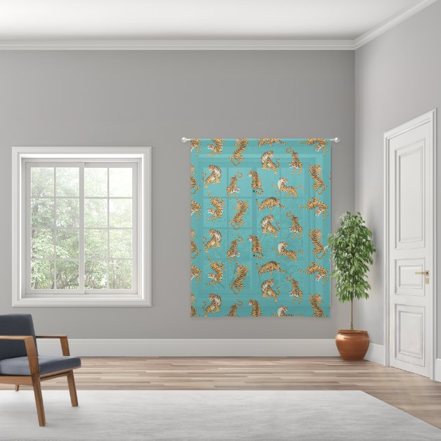 Tiger on Teal Pattern Sheer Curtains (Wide)