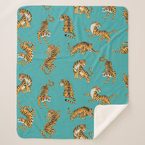 Tiger on Teal Pattern Sherpa Blanket