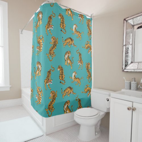 Tiger on Teal Pattern Shower Curtain