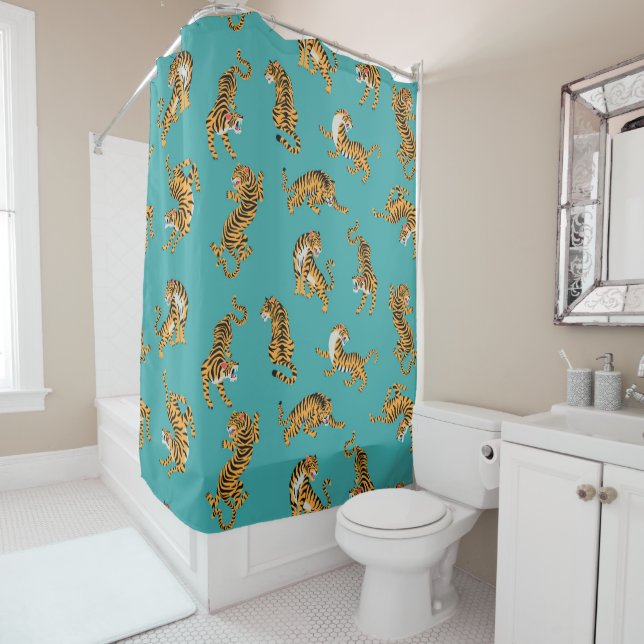 Tiger on Teal Pattern Shower Curtain (In Situ)