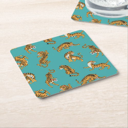 Tiger on Teal Pattern Square Paper Coaster