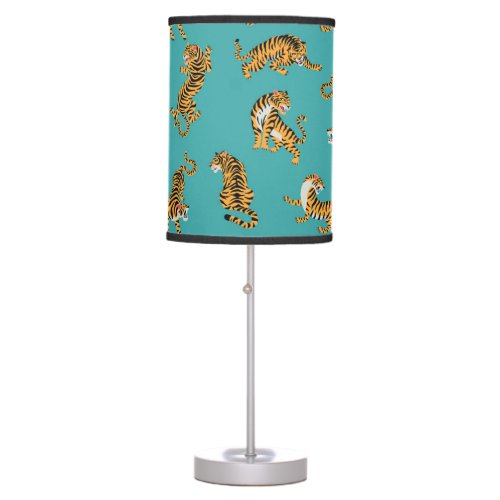 Tiger on Teal Pattern Table Lamp