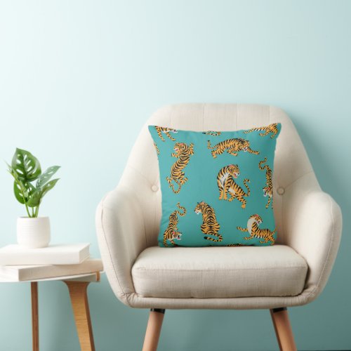 Tiger on Teal Pattern Throw Pillow