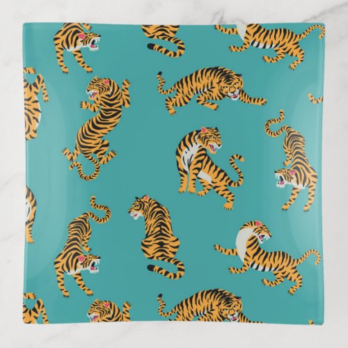 Tiger on Teal Pattern Trinket Tray