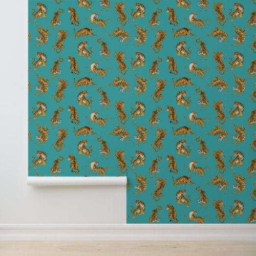 Tiger on Teal Pattern Wallpaper