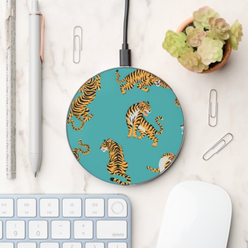 Tiger on Teal Pattern Wireless Charger