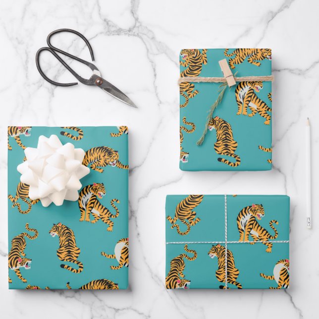 Tiger on Teal Pattern Wrapping Paper Sheets (Front)