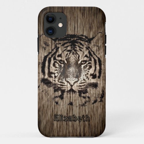 Tiger on Wood Grain 2 iPhone 11 Case