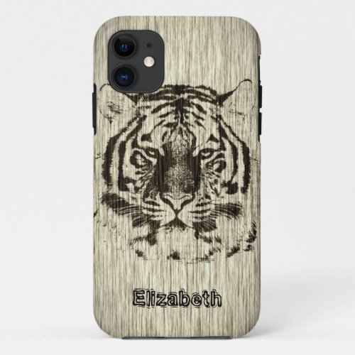 Tiger on Wood Grain iPhone 11 Case