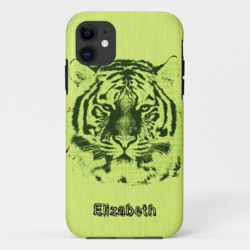 Tiger on Yellow Green Wood Grain iPhone 11 Case