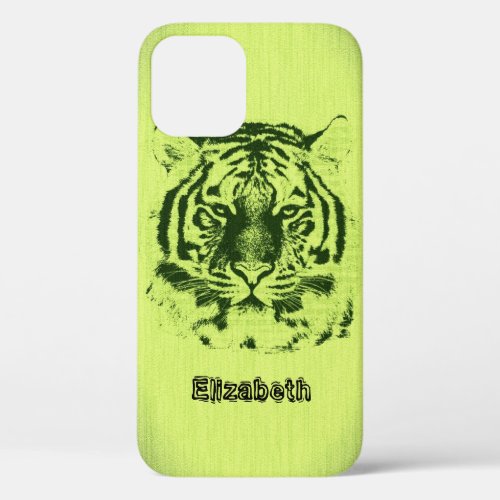 Tiger on Yellow Green Wood Grain iPhone 12 Pro Case