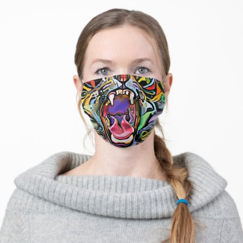 Tiger open mouth teeth showing colorful blue adult cloth face mask