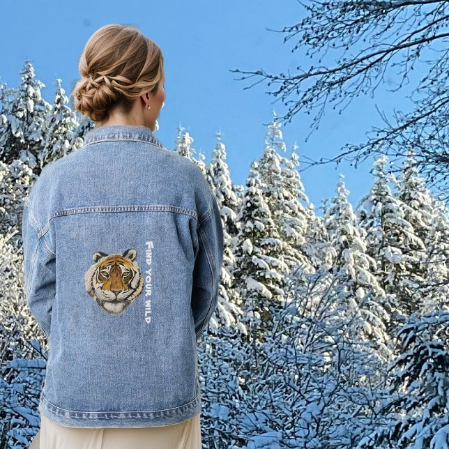 Tiger painting, looking at camera personalize text denim jacket (Creator Uploaded)