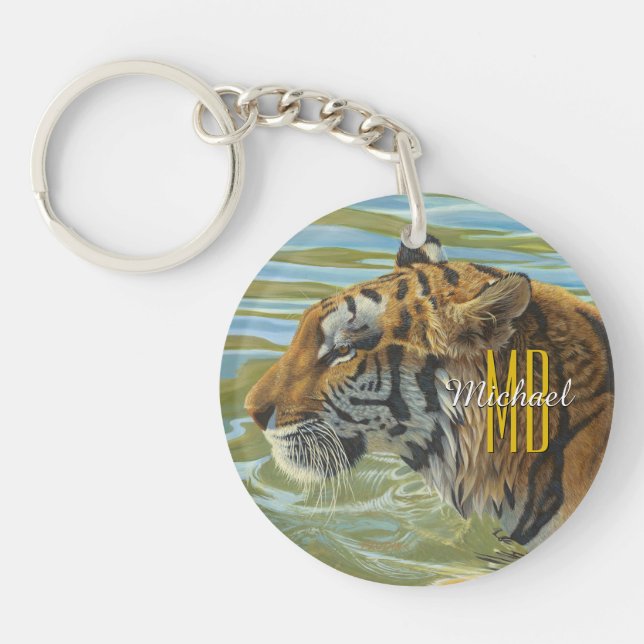 Tiger Painting, Personalize Monogram & Script Name Keychain (Front)