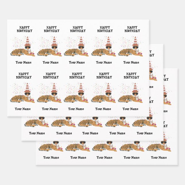 Tiger Partying - Animals Birthday Party Boy Girl Wrapping Paper Sheets (Set)